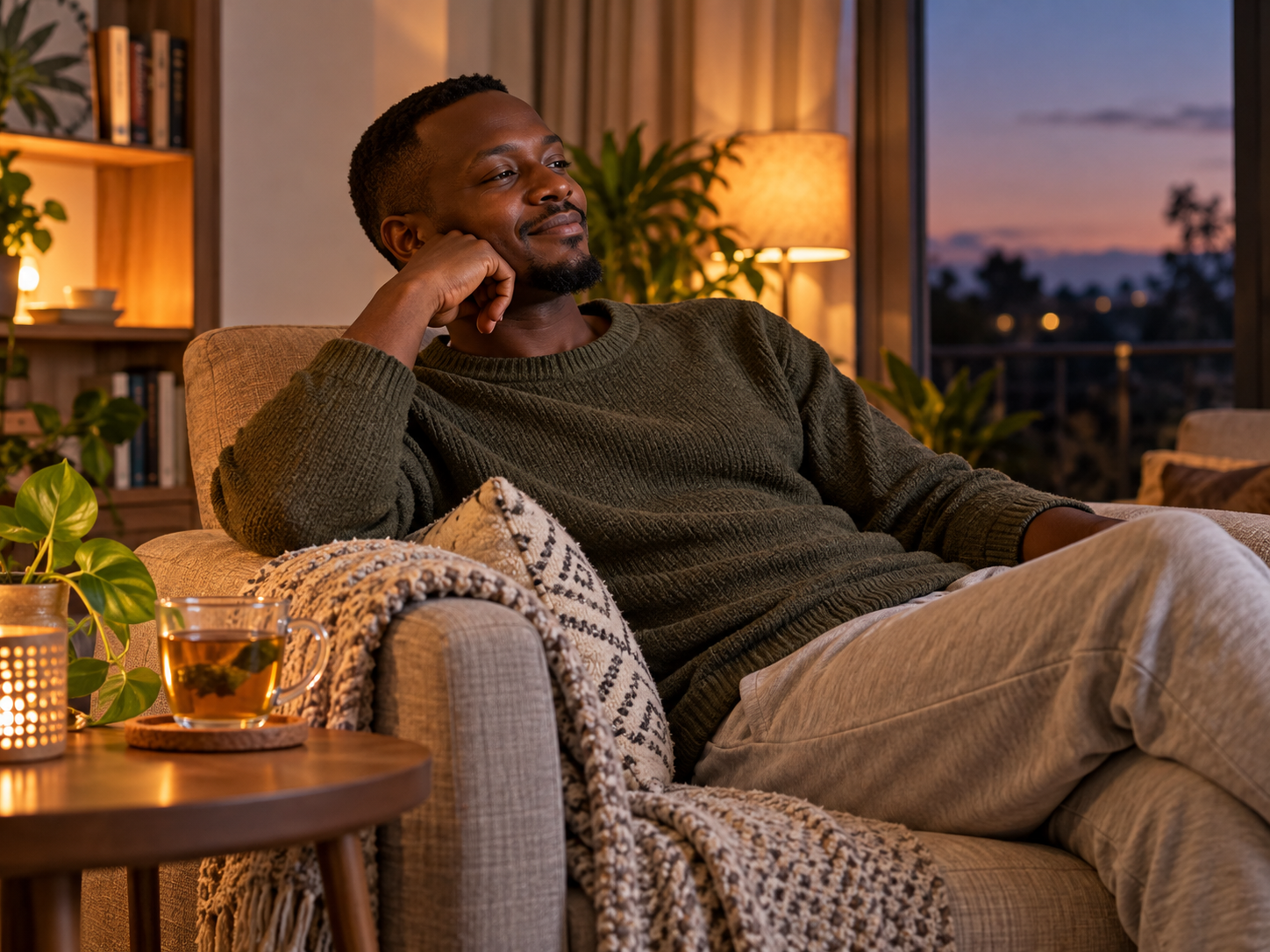 Black Kenyan man relaxing in the evening at home