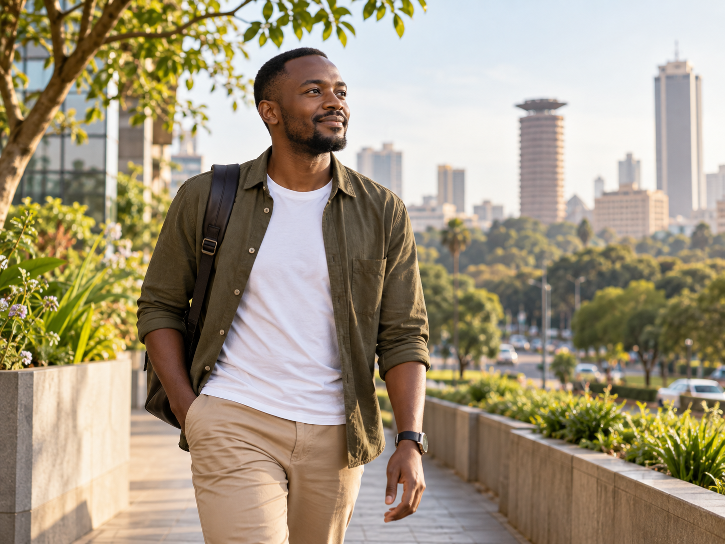 Black Kenyan man walking outdoors in Nairobi